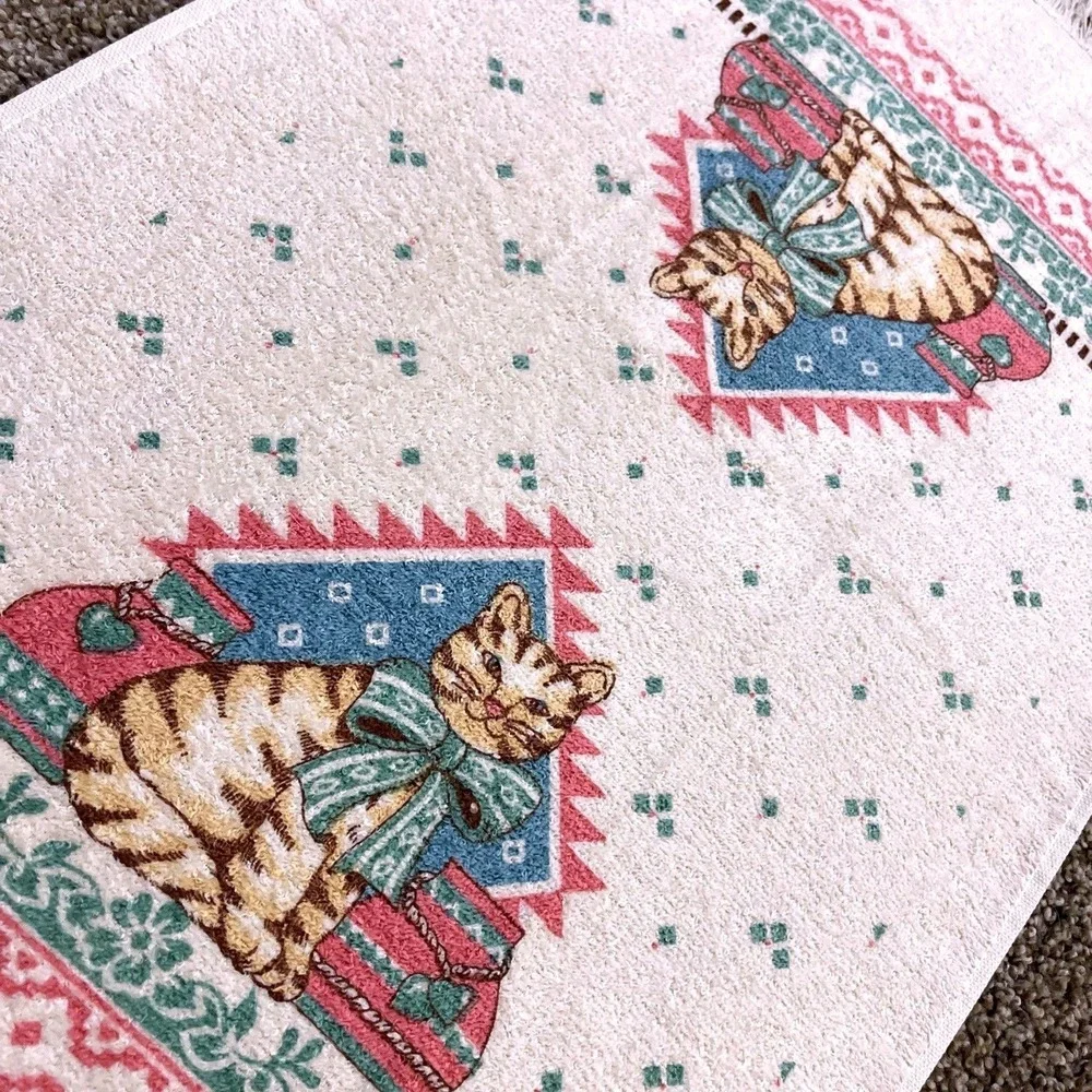 VTG CANNON Hand Kitchen Towel Fringe‎ 70s NOS Cat Heart Pottery Teal Pink Bow